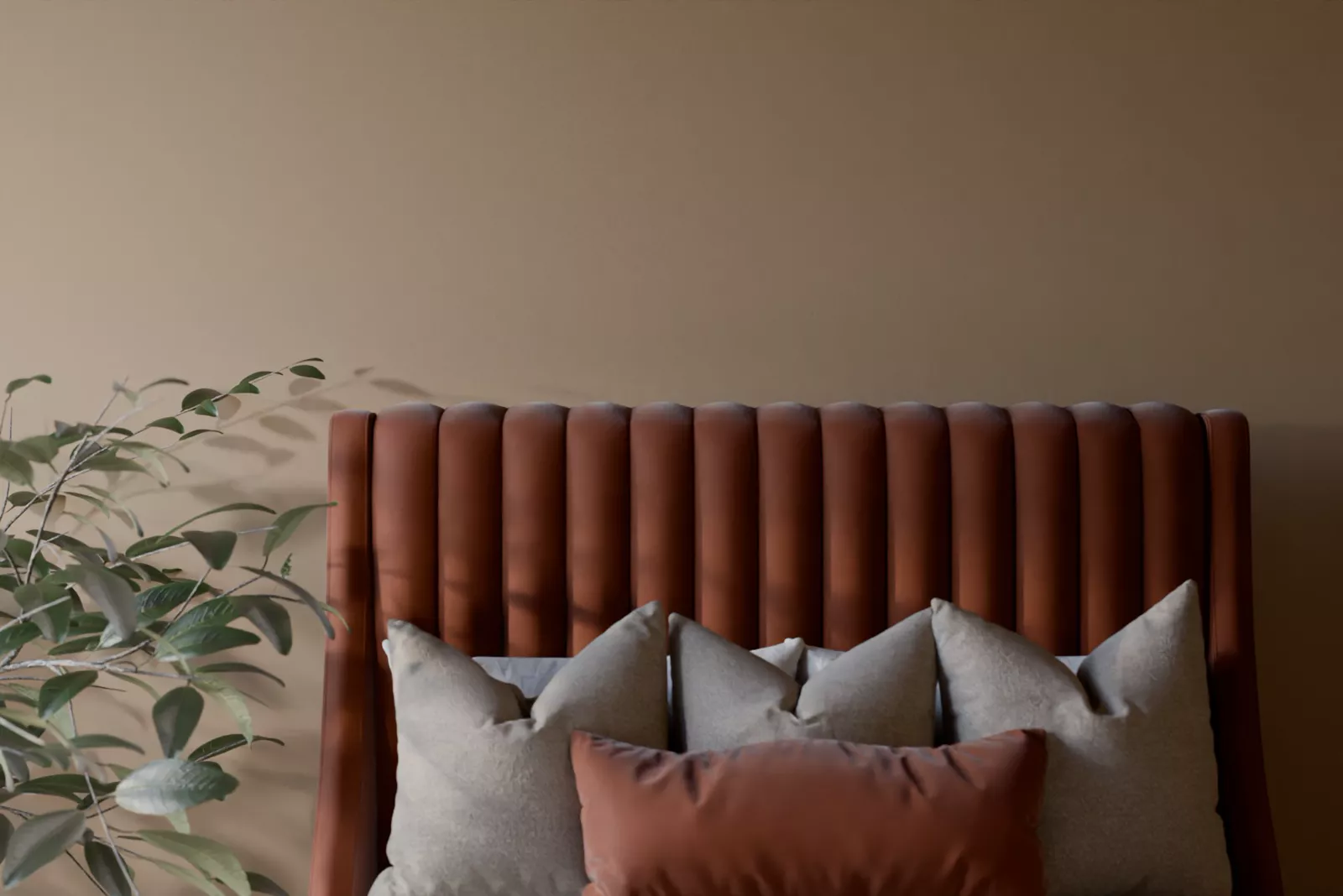 Tall chevron wall headboard in a light room